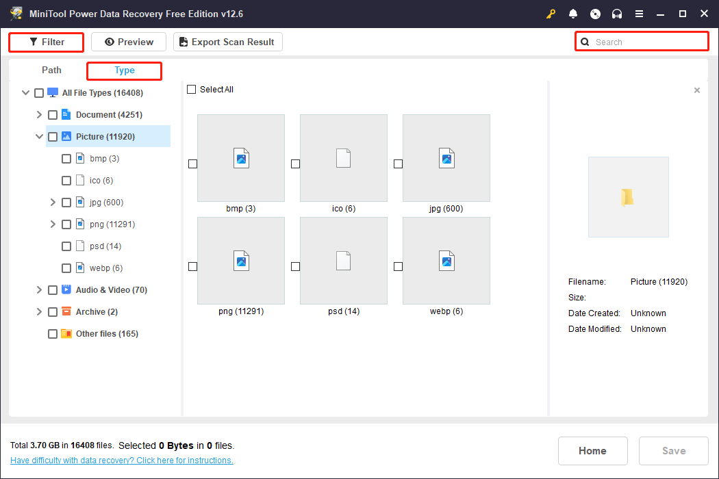 use Type, Filter, Search to find files in MiniTool Power Data Recovery