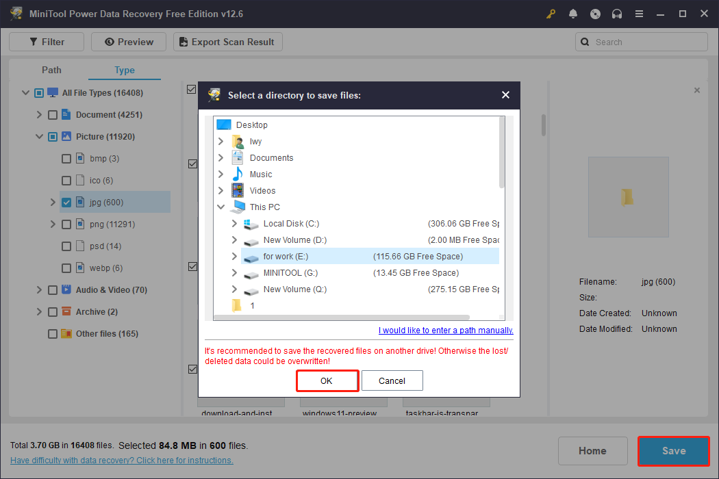 save files to a safe location using MiniTool Power Data Recovery