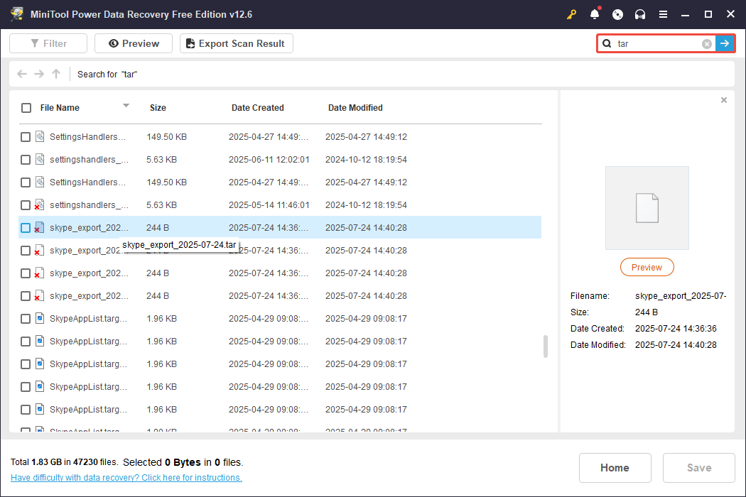 search for the main.db or .tar exported file in MiniTool Power Data Recovery