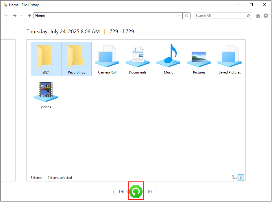 restore the selected files by using File History