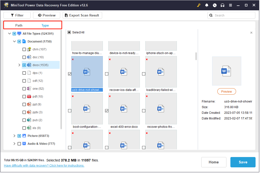 view files by file path and file format in MiniTool Power Data Recovery