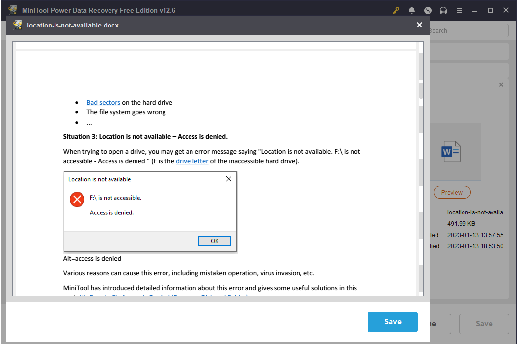 preview the Word document in MiniTool Power Data Recovery