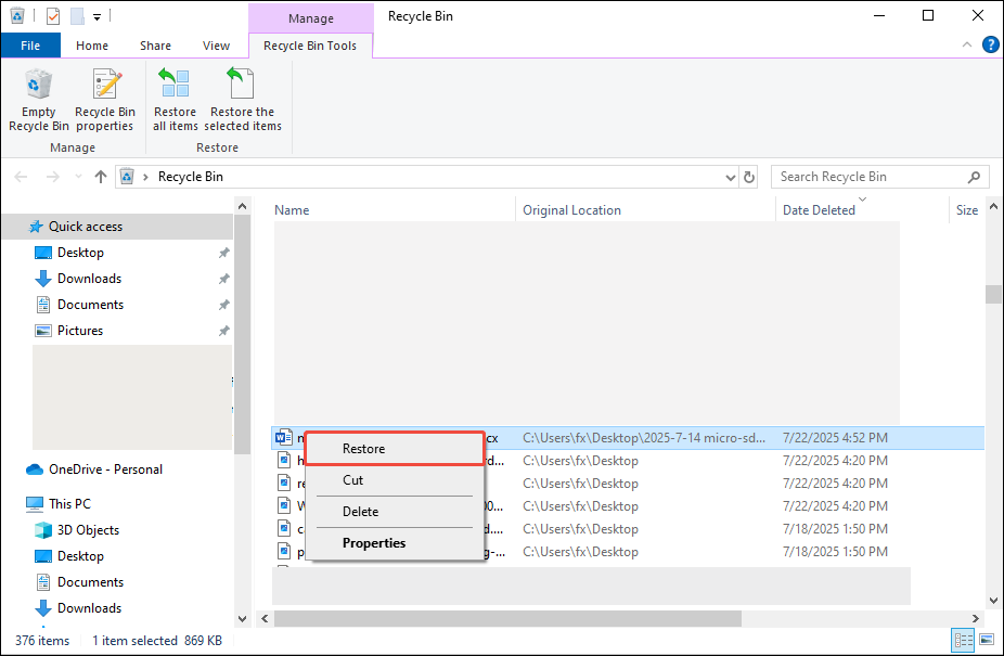 click the Restore button to recover the deleted document