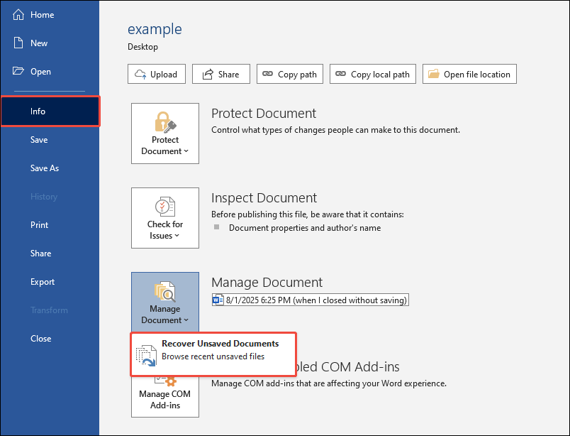 click Recover Unsaved Documents