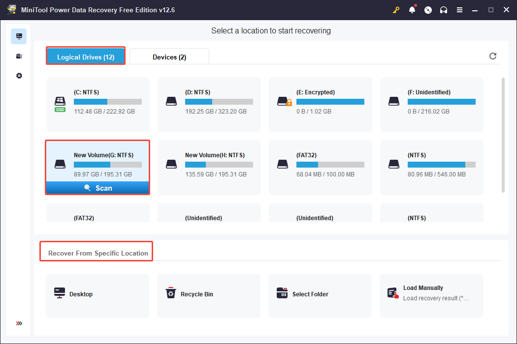 scan the target partition in the Logical Drives or Recover From Specific Location tab in MiniTool Power Data Recovery