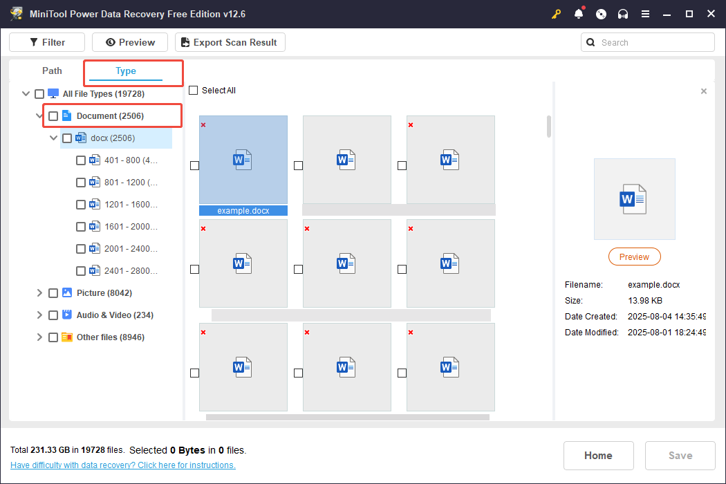 locate the document file type by using the Type feature provided by MiniTool Power Data Recovery