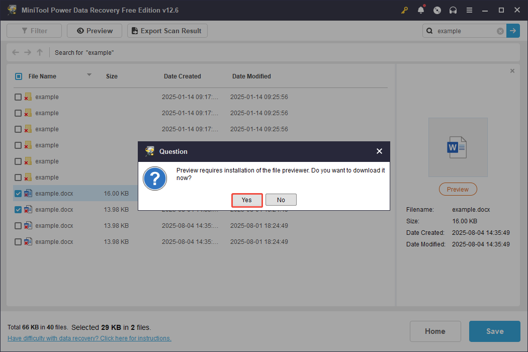 click Yes to preview the document in MiniTool Power Data Recovery