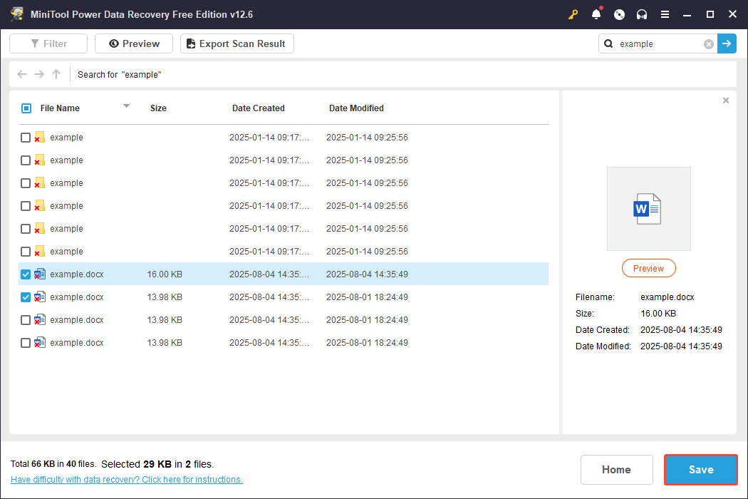 save the desired files in MiniTool Power Data Recovery