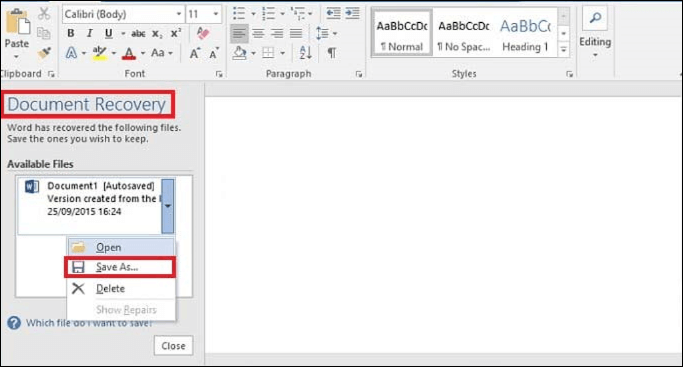 the Document Recovery panel on the left side