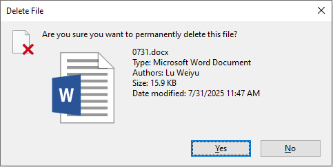 delete file message window