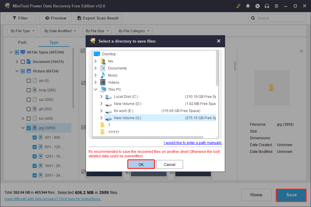 recover files to a new and safe location using MiniTool Power Data Recovery