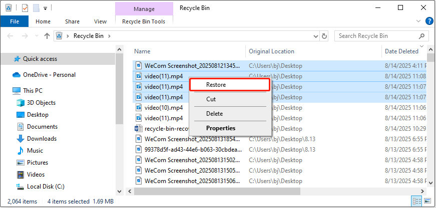 recover deleted files from the Recycle Bin