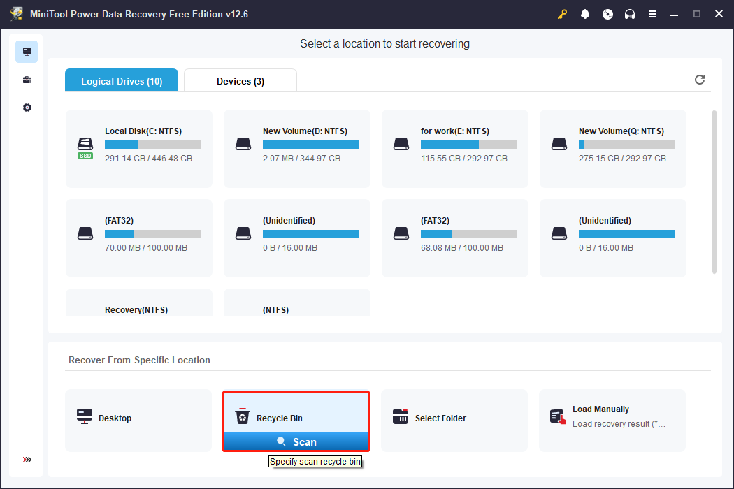 scan the Recycle Bin using MiniTool Power Data Recovery