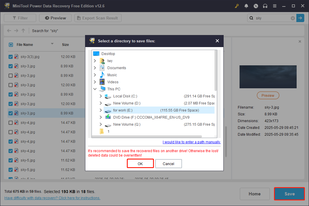 save files to a safe location using MiniTool Power Data Recovery