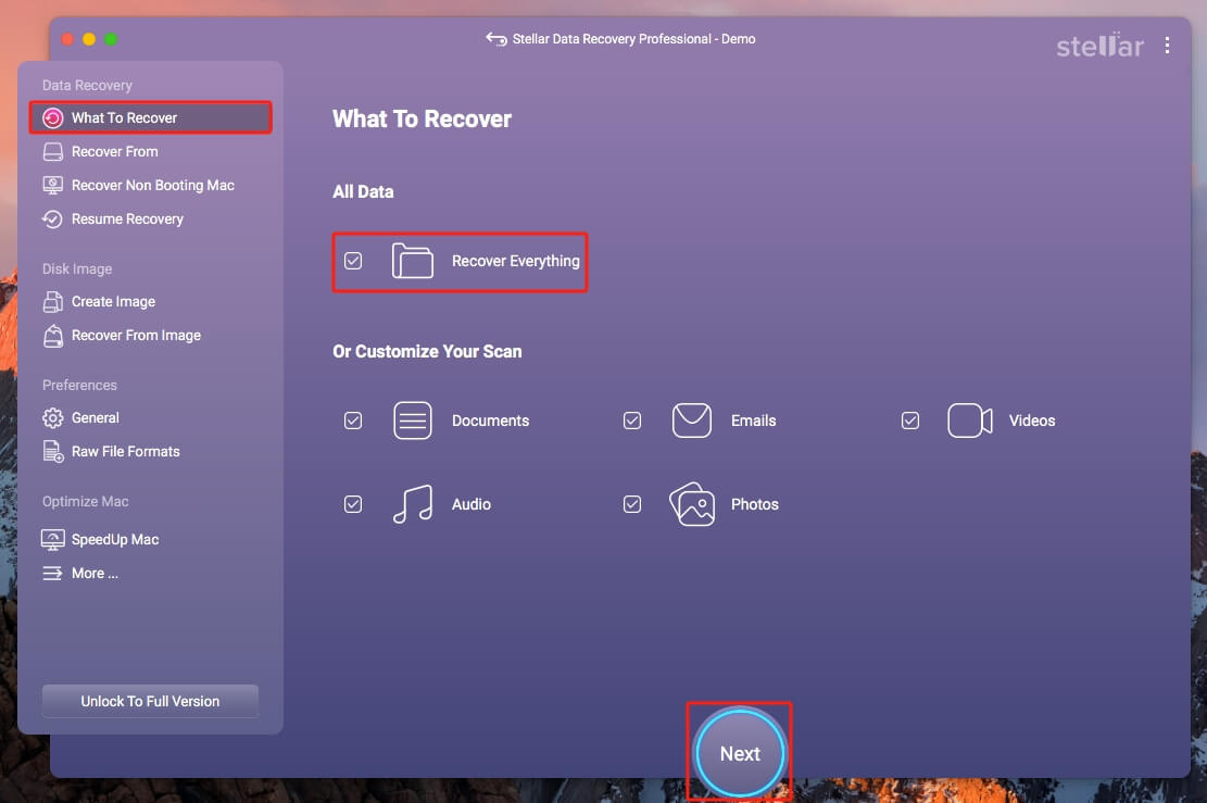 select what to recover in Stellar Data Recovery for Mac