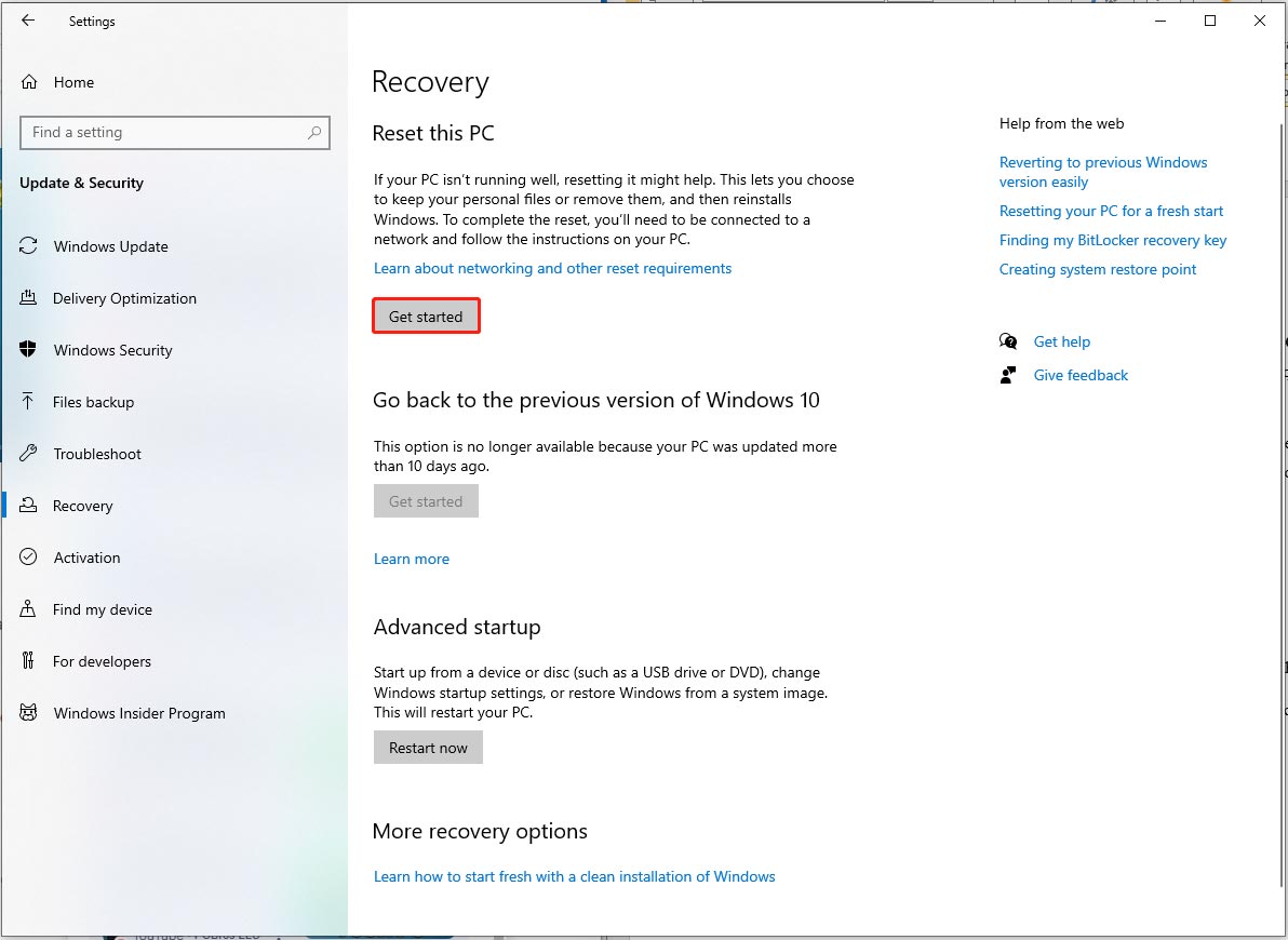 click Get started under Reset this PC