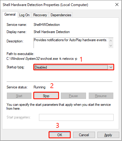 disable the Shell Hardware Detection service