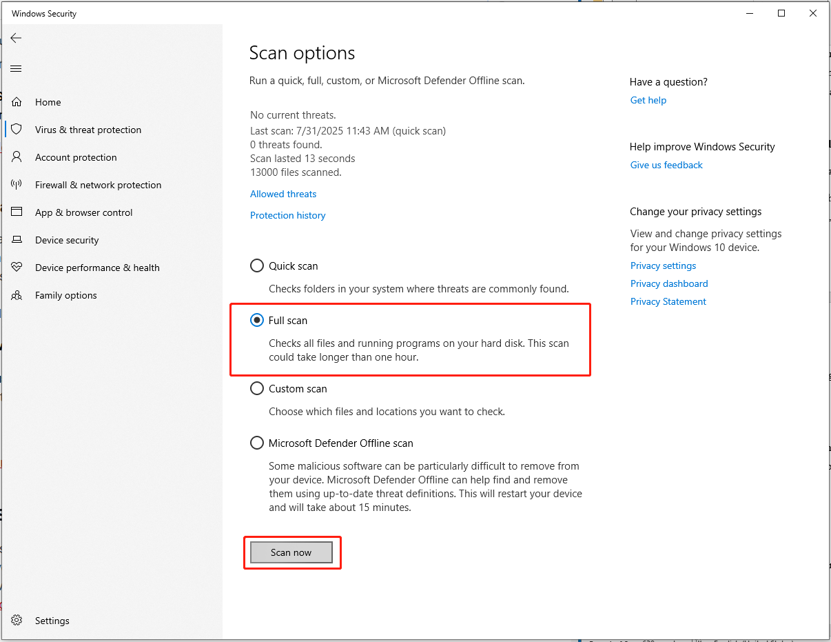 perform a comprehensive scan by running Full scan
