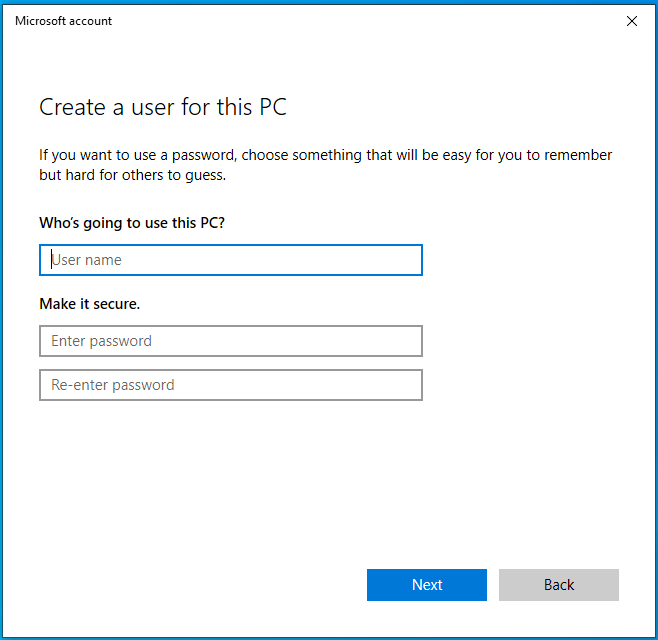 enter information to create a user account for this PC