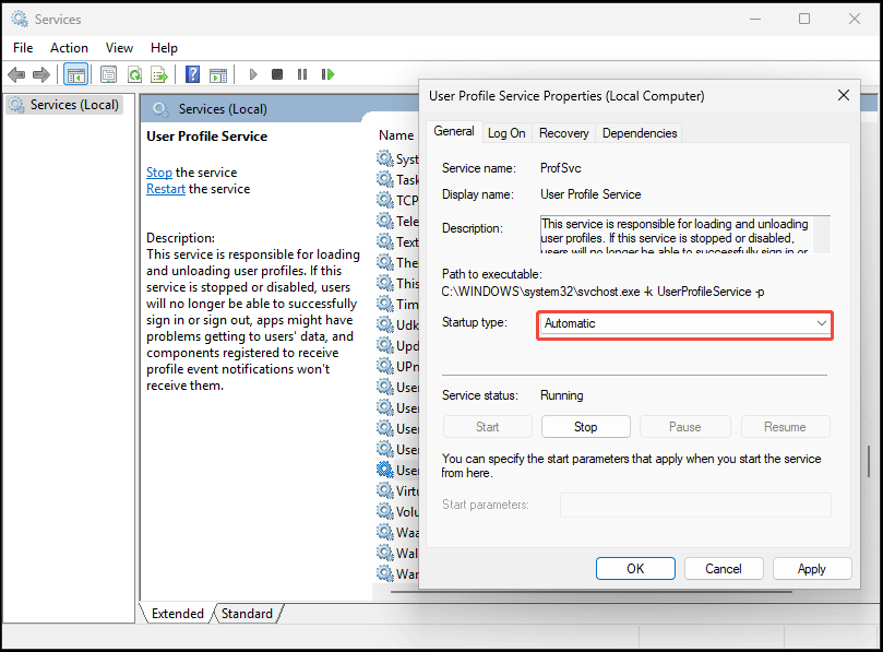 set User Profile Service to Automatic