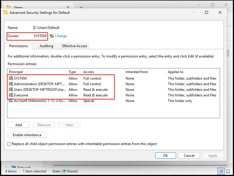default profile permission settings