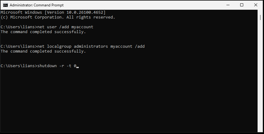 create a new user account in Command Prompt