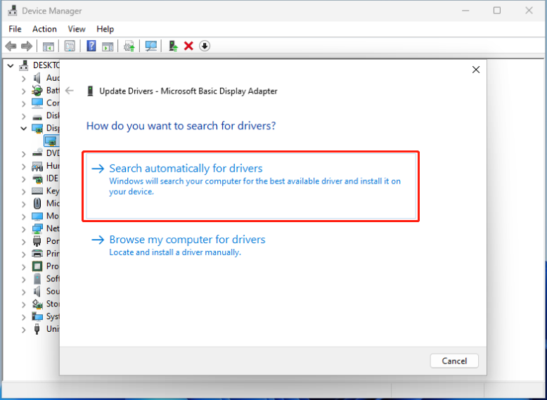 choose Search automatically for drivers