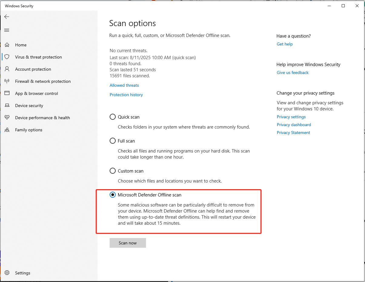 perform Microsoft Defender Offline scan