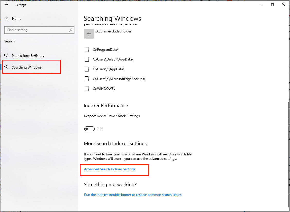click Advanced Search Indexer Settings in Windows 10