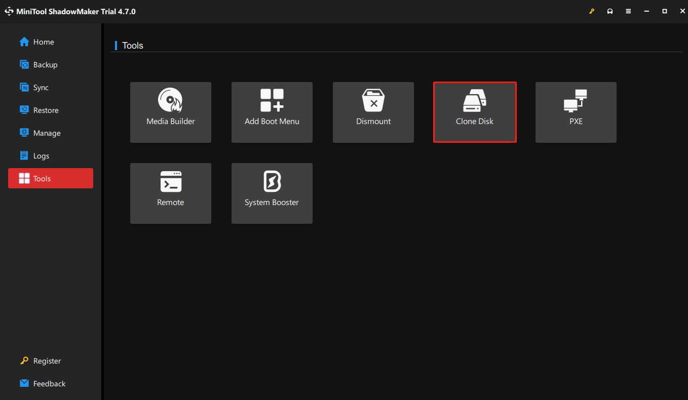 hit Clone Disk in the Tools page of MiniTool ShadowMaker