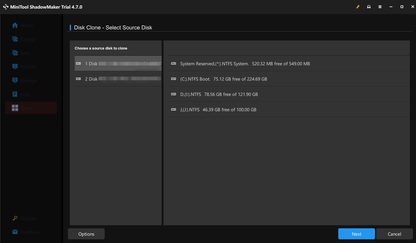 select the source disk in MiniTool ShadowMaker