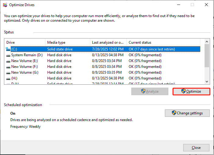 click Optimize to defragment hard drive