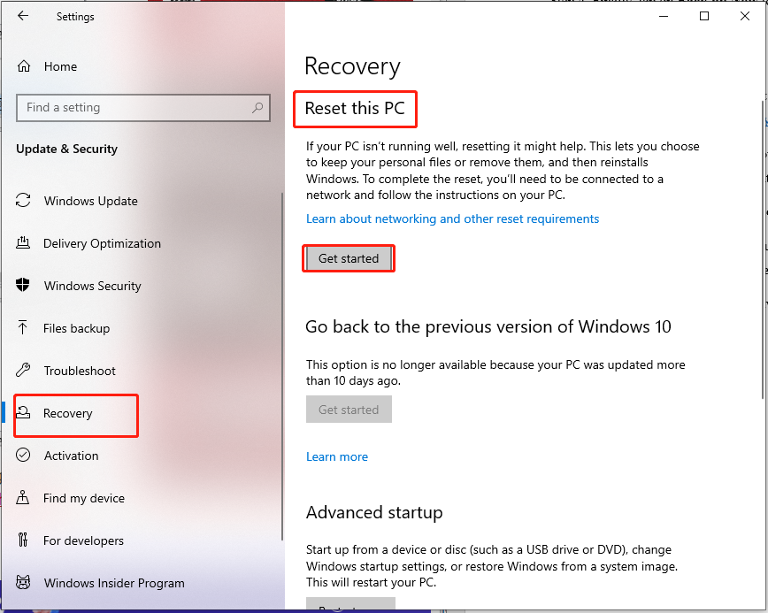 hit Get started under Reset this PC