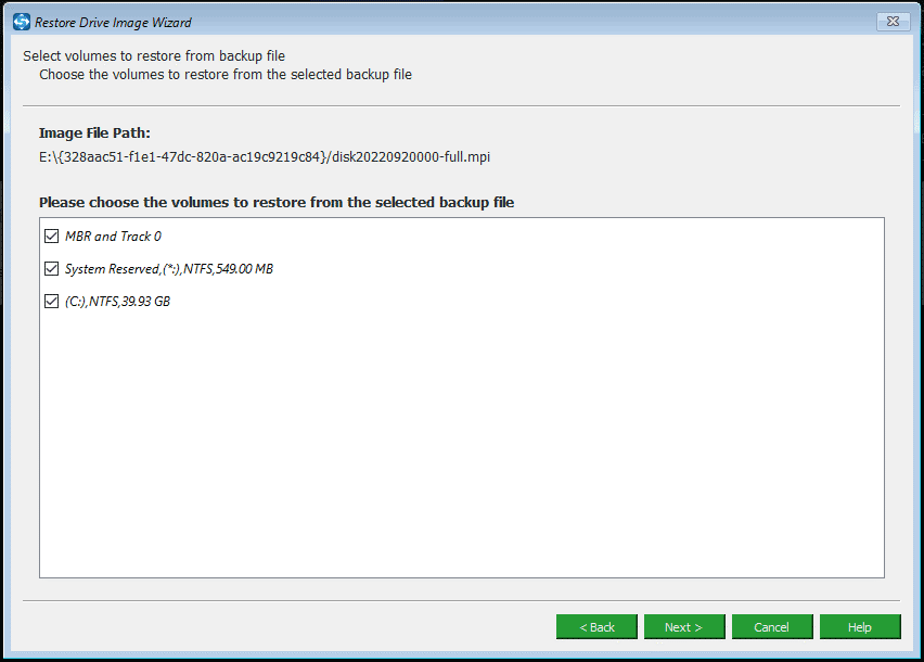 select the volumes to restore from the selected backup file