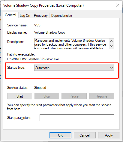 change to Startup type to Automatic