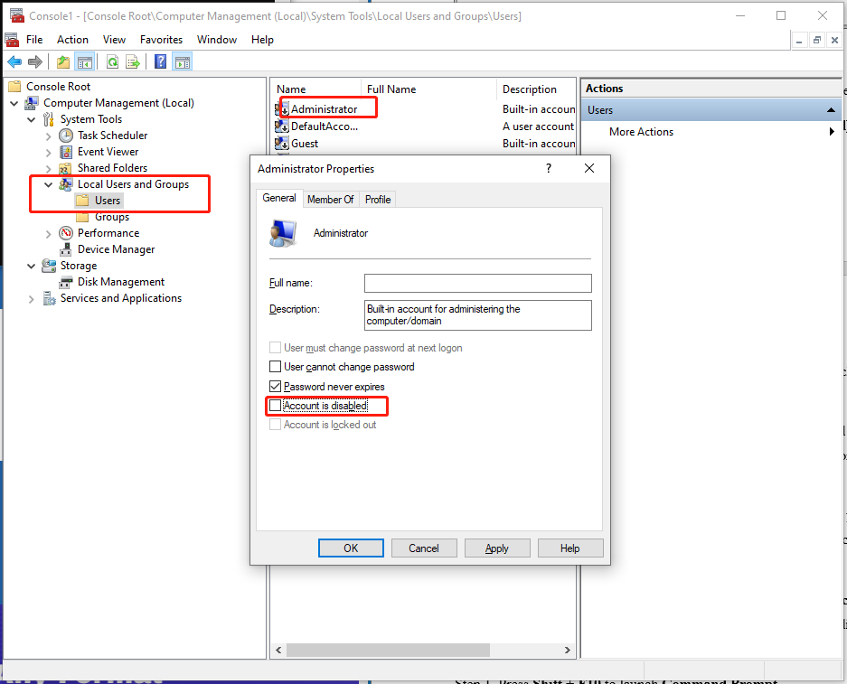 uncheck Account is disabled