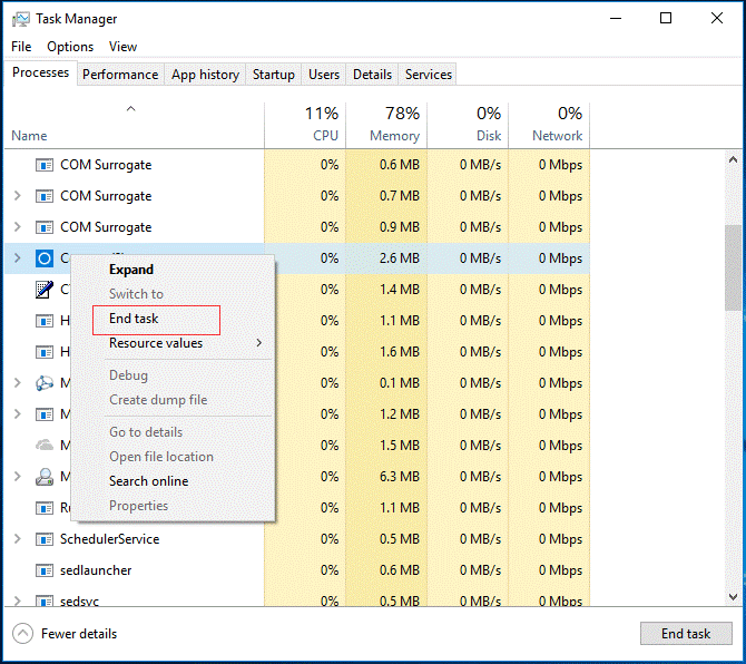 end the Cortana process via Task Manager