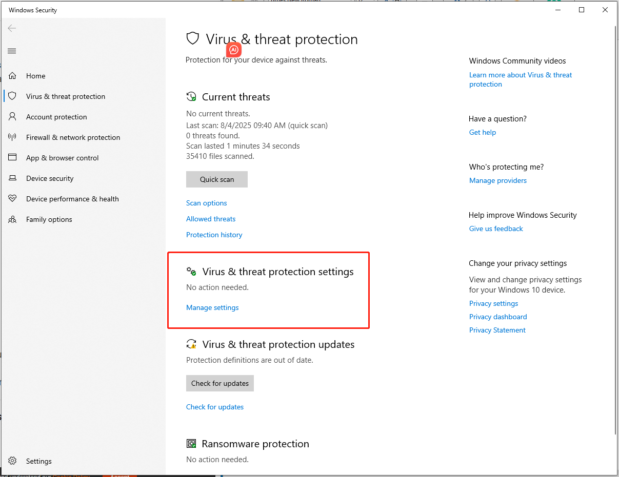click Manage settings under Virus & threat protection settings