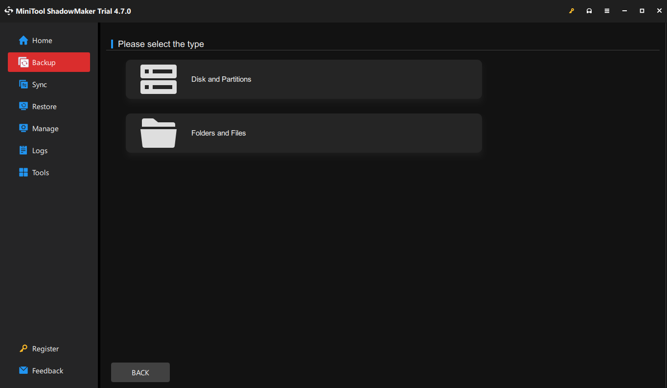 select the source type to back up