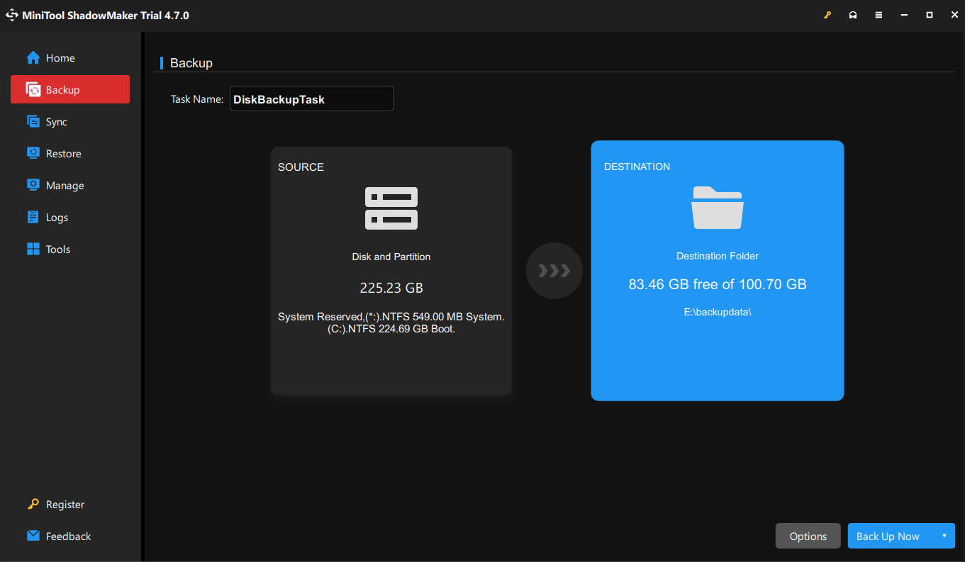 click DESTINATION to pick a storage path for the backup