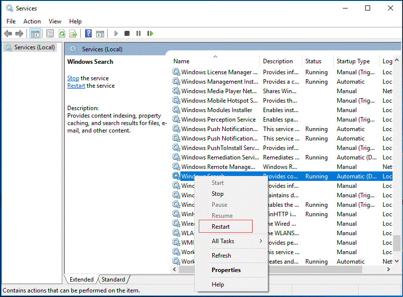 restart Windows Search service