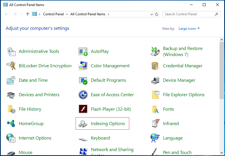 choose Indexing Options from Control Panel