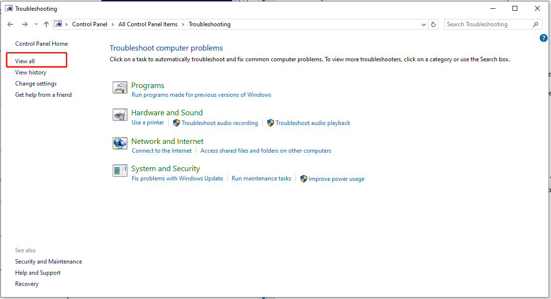 select View all in the Troubleshooting window