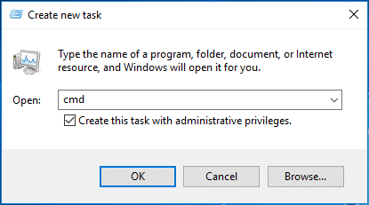 type cmd in the new box and check Create this task with administrative privileges