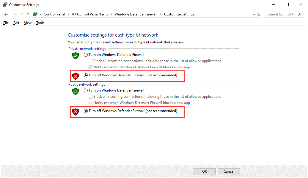 Turn off Windows Defender Firewall under Private network settings & Public network settings