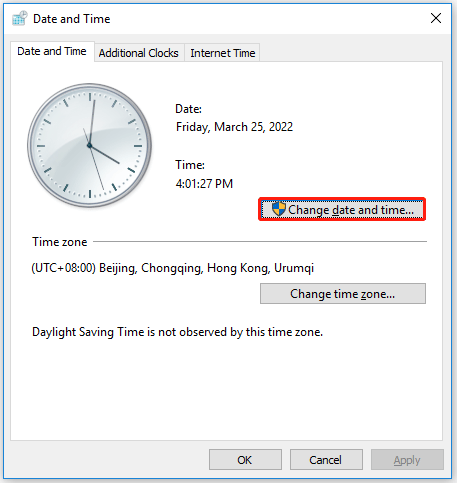 Cliquez sur « Modifier la date et l'heure »