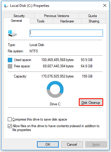 Cliquez sur « Nettoyage de disque »