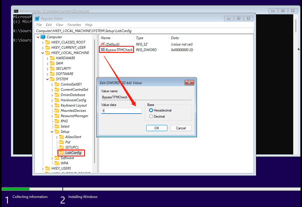 Cree una clave de registro BypassTPMCheck