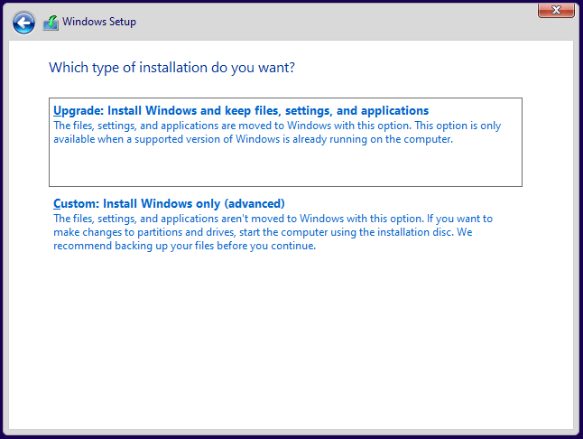 Tipo de instalación de configuración de Windows