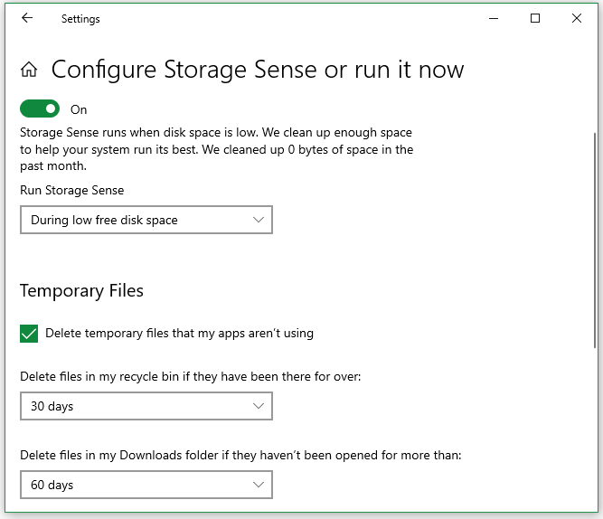 configure o Storage Sense ou execute-o agora